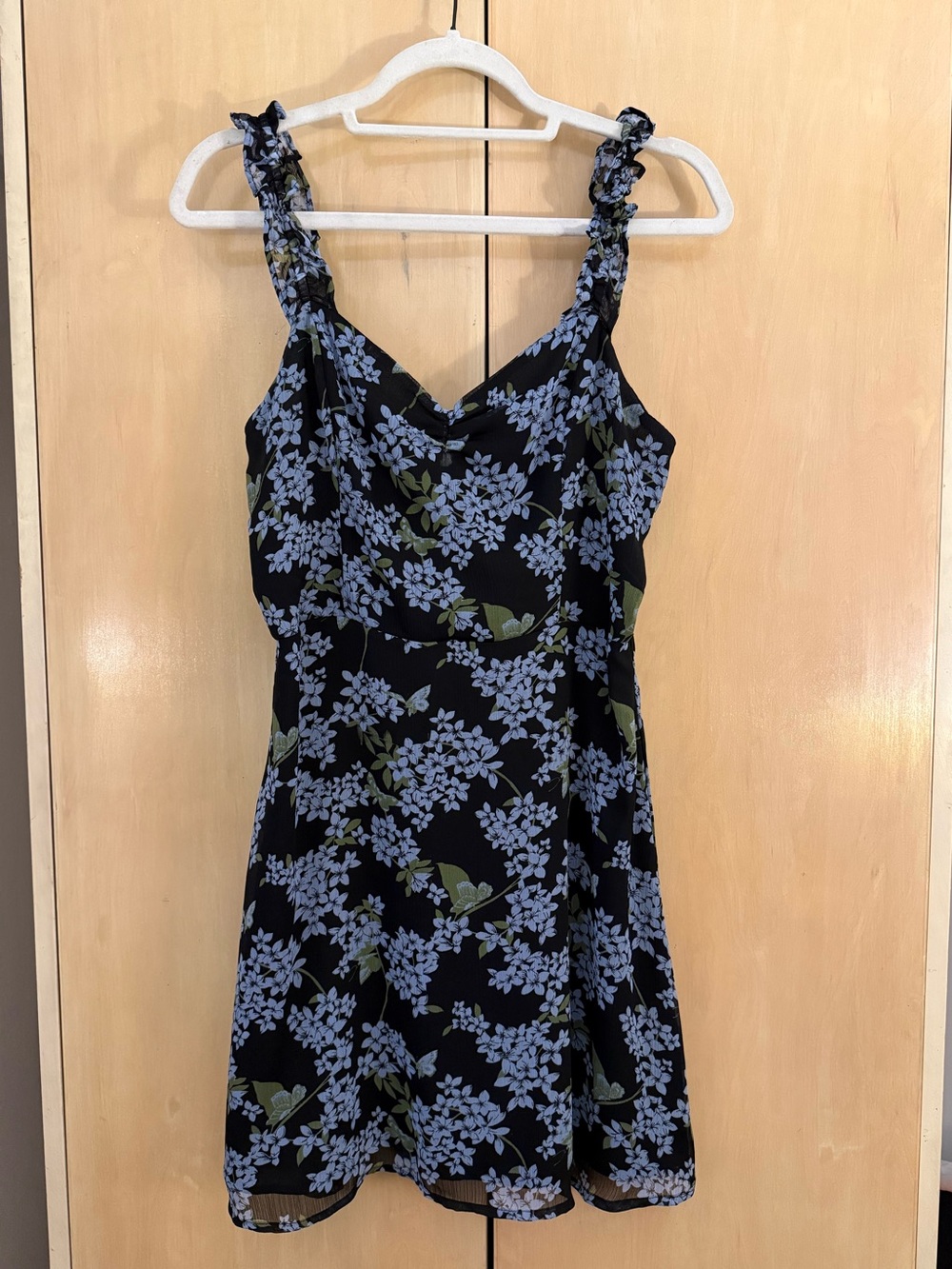 All in Favor Black Mini Dress with Light Blue Floral Print